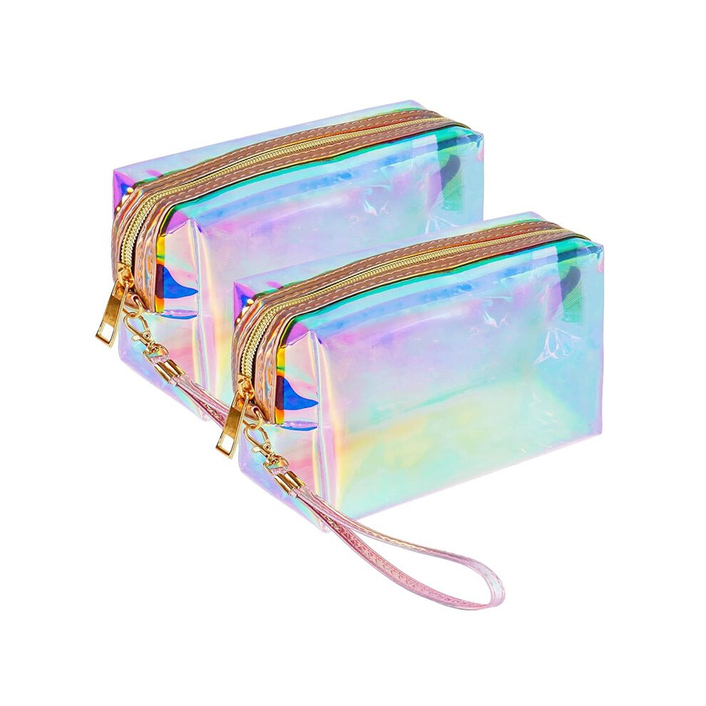 2pcs Package Clear Iridescent Holographic Makeup Bag, Travel Cosmetic Pouches with Zipper Toiletry Organizer Case