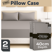 (2X Double, Grey) 40cm Extra Deep Fitted Sheet Pack of 2 Bed Sheets with Free Pillowcases - Hotel Quality Microfiber Deep Pocket Sheets