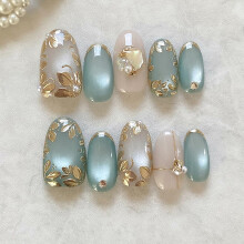 24Pcs Blue French Tip Press On Nails with Rhinestones Gold Flowers, Short Almond Shape Fake Nails for Women