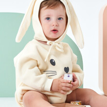 (Beige, 3M) Mameluco de manga larga con sombrero para niños, mono unisex de conejito de Pascua, juego de 2 piezas de mono de