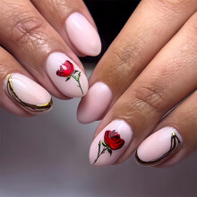 Short Oval Pink Floral Press on Nails Fake Nails with Gold Lines Reusable Acrylic Set 24 Pcs