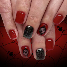 Halloween Press on Nails Short Square Spider Web Design Dark Red Black Glitter Reusable 24Pcs
