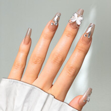 Long Coffin Press On Nails Nude Glitter with 3D Butterfly, No‑Glue Salon‑Quality Wedding Nail Kit 24 Pcs