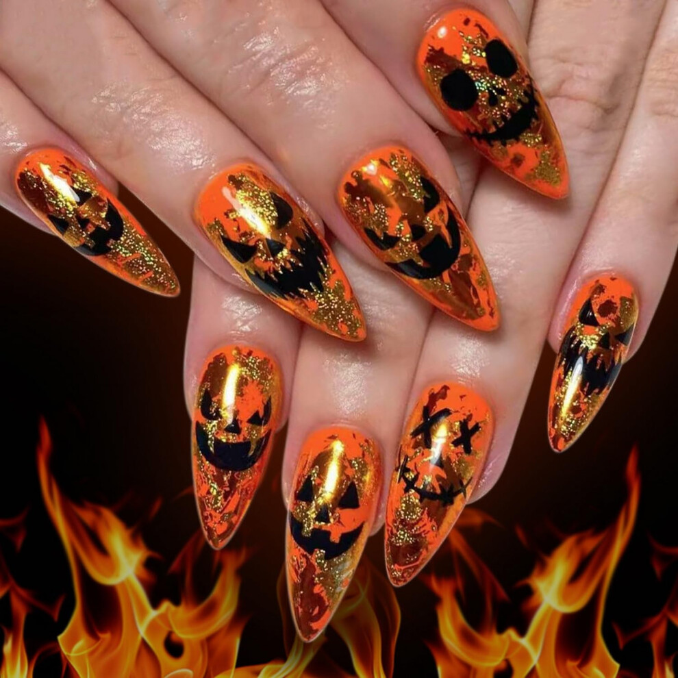 Halloween Pumpkin Press On Nails Orange Horror Fake Acrylic Nails Reusable Full Cover for Women