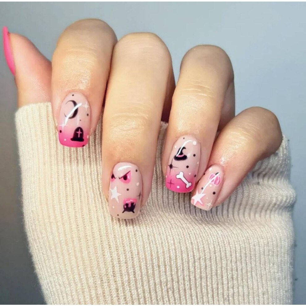 Pink Halloween Press On Nails Short Square Fake Nails With Pumpkin Coffin Design Ombre Reusable Set 24Pcs