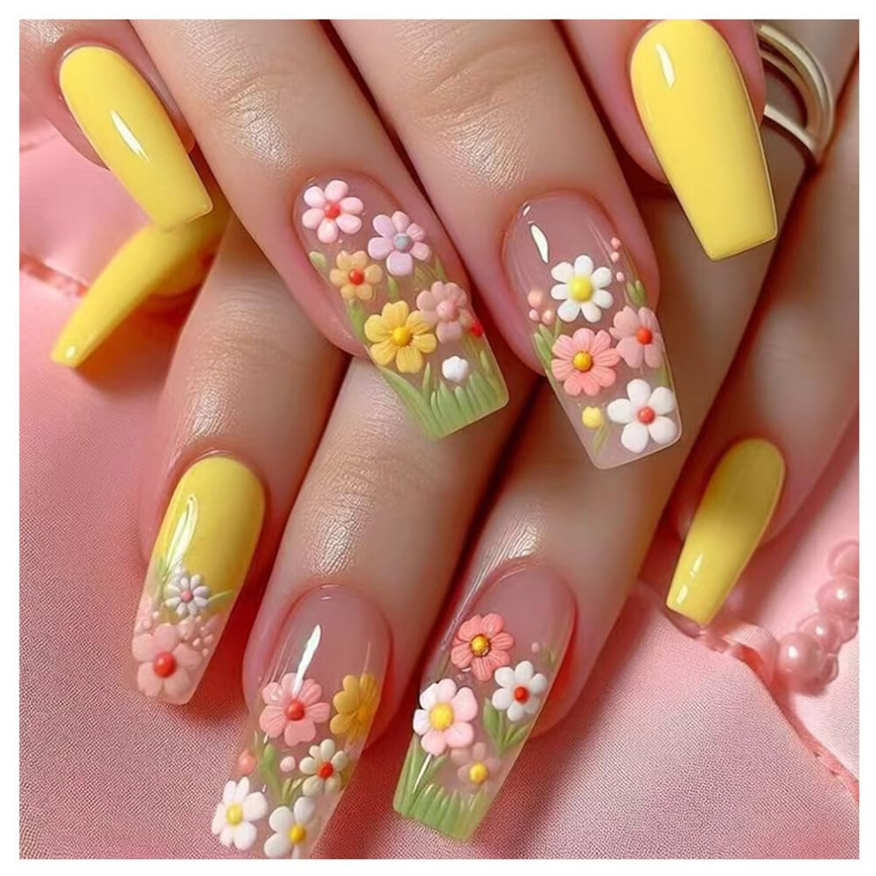 Pink 24Pcs Medium Square Press On Nails Â Glossy Floral Fake Nails With Kawaii Design For Teens Girls, Instant Salon Manicure