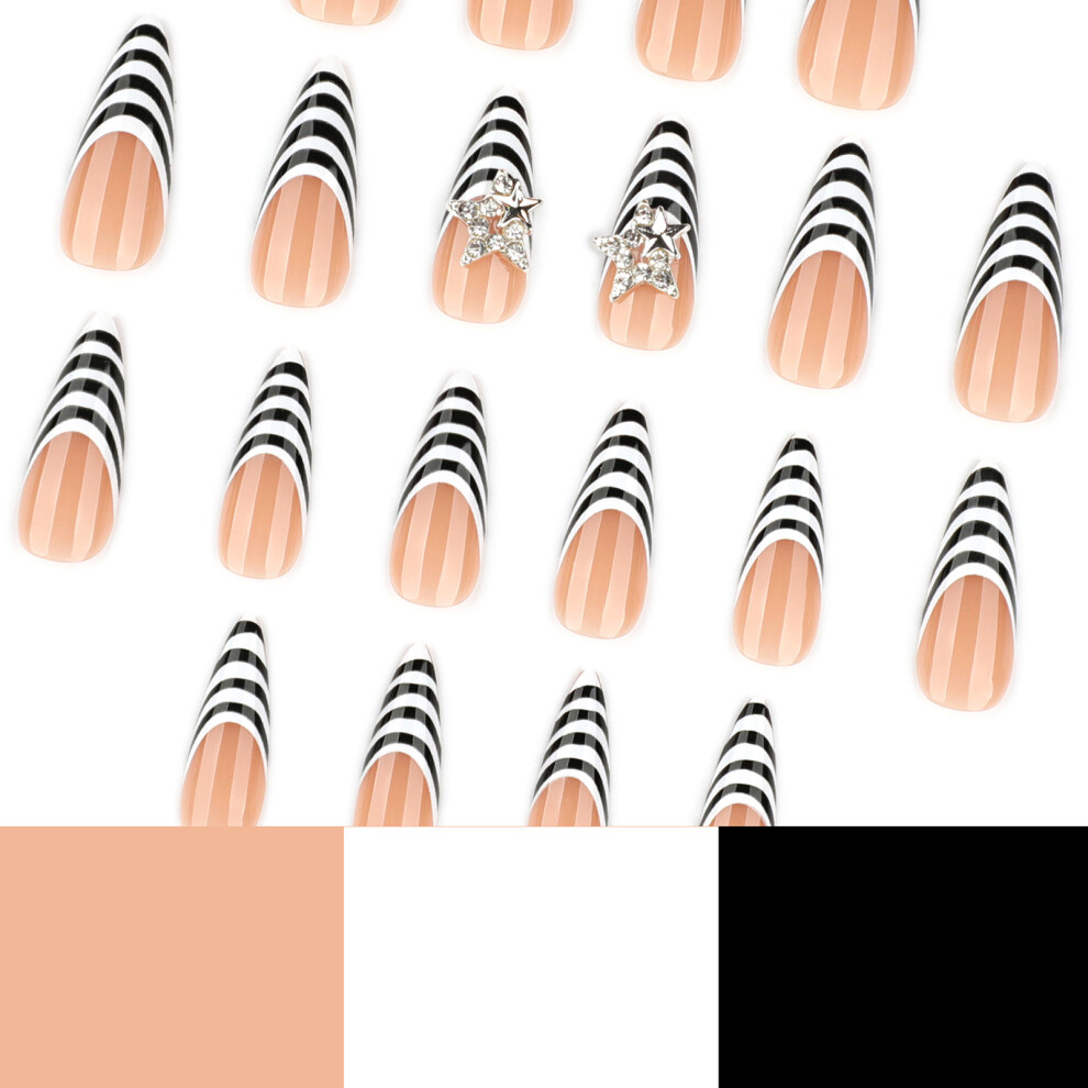 Hue-Grain 24Pcs Black White Striped Stiletto False Nails