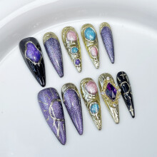 (XS) Purple Cat Eye Fake Nails, Long Lasting & Flexible