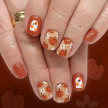 Halloween Press On Nails Short Square Fake Nails Set with Cute Pumpkin Ghost Design Reusable 24PCS