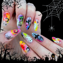 Halloween Press On Nails Almond False Nails with Ghost Design Glossy Ombre Yellow 24pcs Reusable