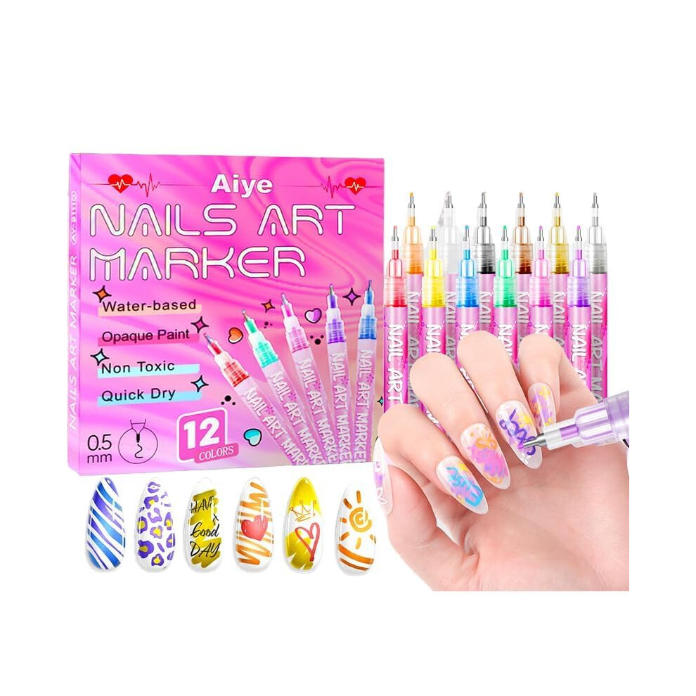 12 Colors Fine Tip Nail Art Pens Set, QuickDrying Acrylic Markers for DIY Nails