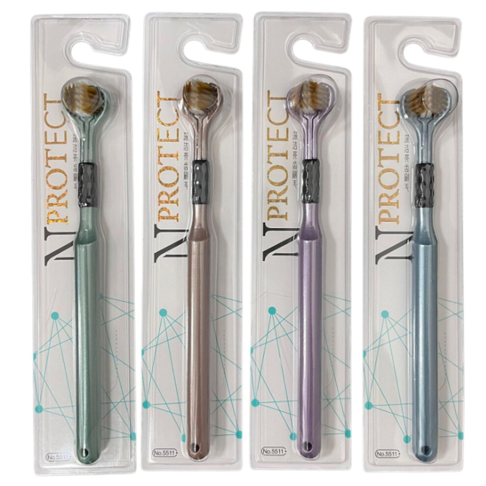 Three Sided Toothbrush for Adults with Soft CarbonGold Bristles, Ergonomic NonSlip Handle and Tongue Scraper