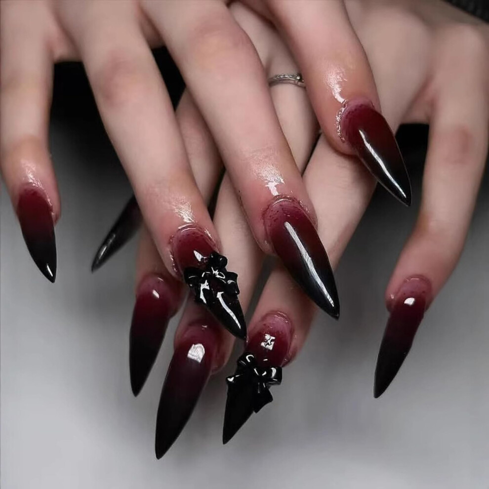 Long Almond Press On Nails Red Gradient with 3D Bow Accent Reusable Acrylic Fake Nails 24Pcs