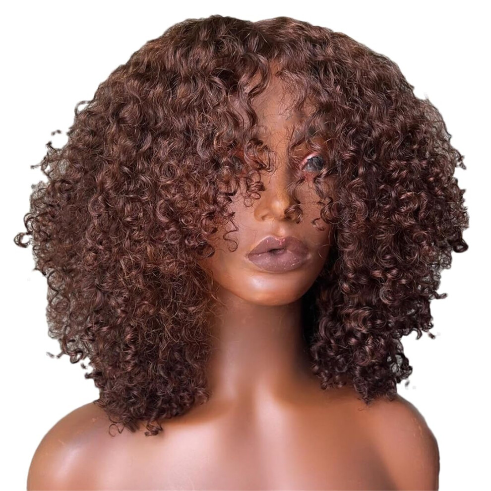 Unisex Brown Curly Wig With Bangs Afro Kinky Short Bob Human Hair 14Inch Natural Hairline Heat Resistant
