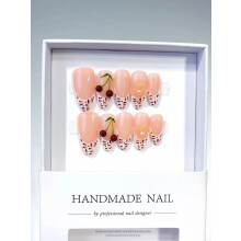 Long Almond Press On Nails Pink Cherry Pearl Design, Reusable Resin False Nails Set Medium 10pcs