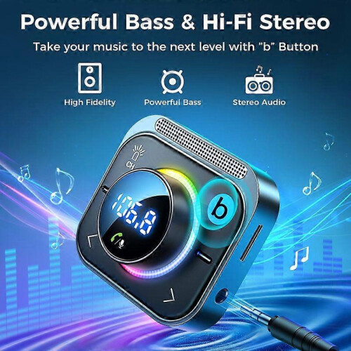 Προσαρμογέας αυτοκινήτου Bluetooth 5.3 FM/AUX, φορτιστής αυτοκινήτου, ενίσχυση μπάσω 2
