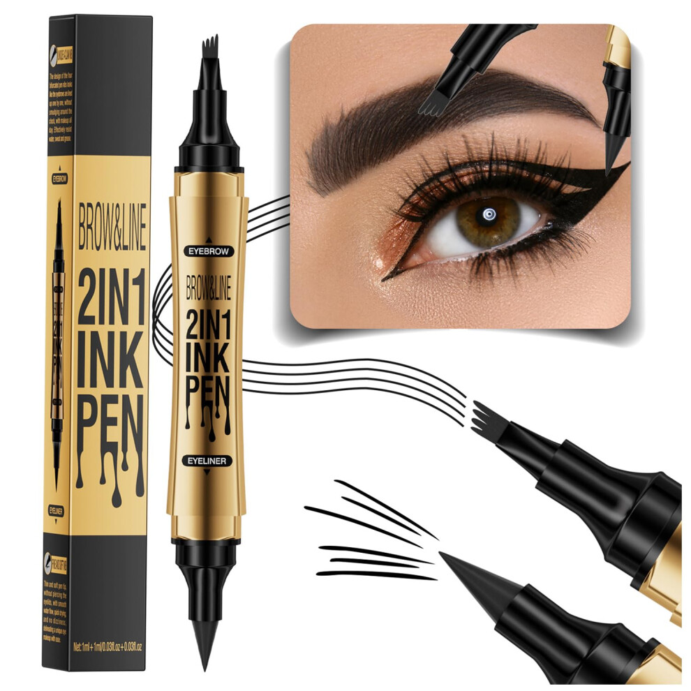 Black Waterproof Dual Ended Microblading Eyebrow And Eyeliner Pencil With 4Tip Fork (#04 )