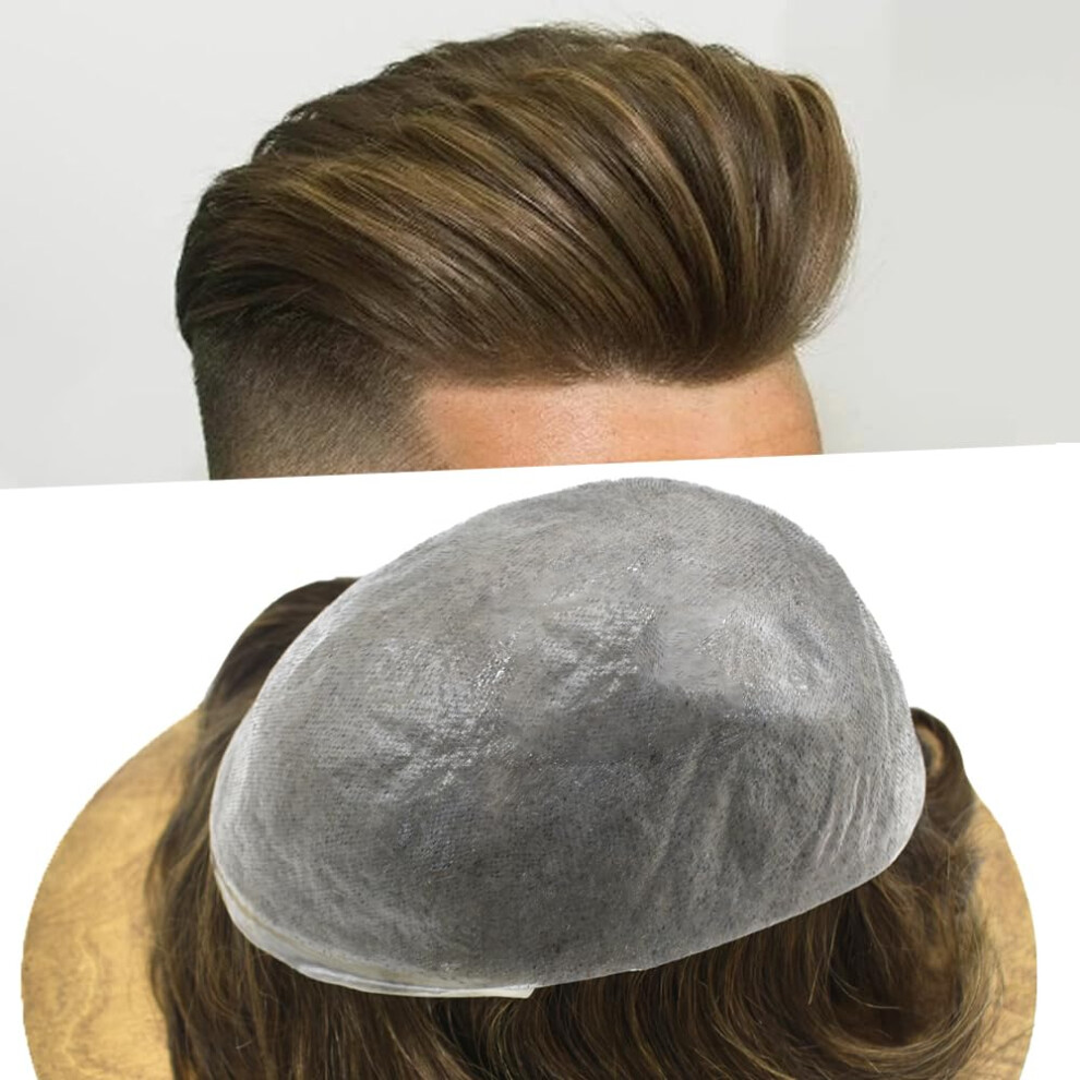 Unisex Brown Mens Toupee Ultra Thin Skin Base Hair Replacement System With Natural VâLoop Hairline 8X10 Medium Light