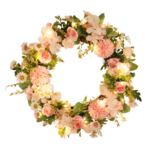Spring Hydrangea Wreath35cm Rattan & Silk Pink Floral