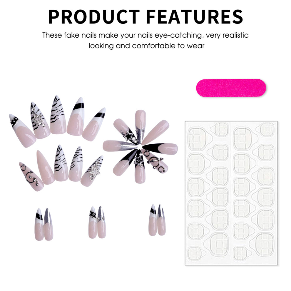 Hue-Grain 3D Rhinestone False Nails - 24Pcs Party & Daily Use