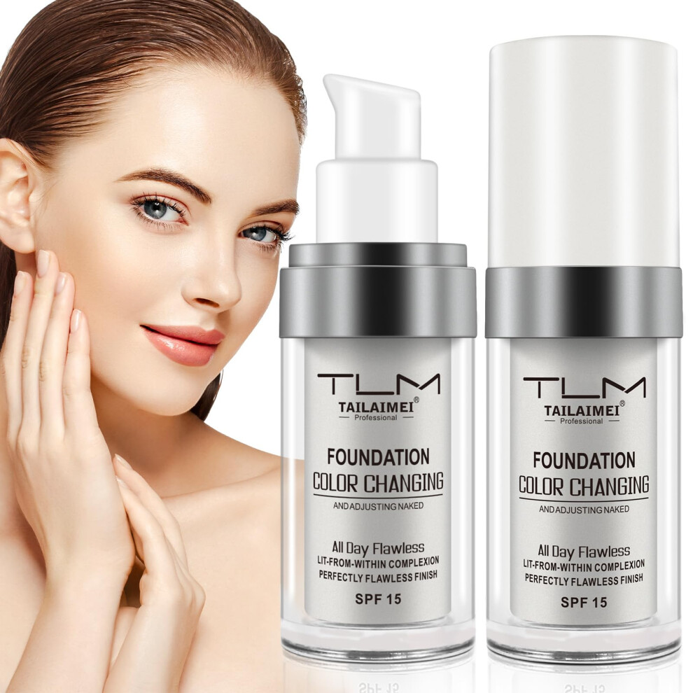 2PCS Color Changing Full Coverage Liquid Foundation SPF15 with Adaptive Color Matching and Moisturizing Long Wear Finish