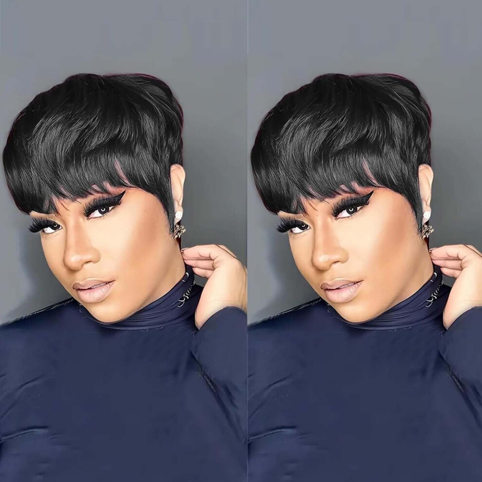 Unisex Black Short Pixie Human Hair Wig With Bangs Glueless Virgin Hair 1B TangleâResistant Daily Wear