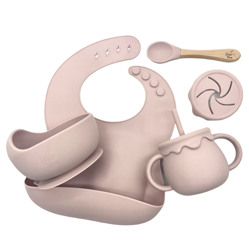 Baby Feeding Set Rose Silicone Dinnerware For Toddlers Easy Self Feeding Dishwasher Safe Pink