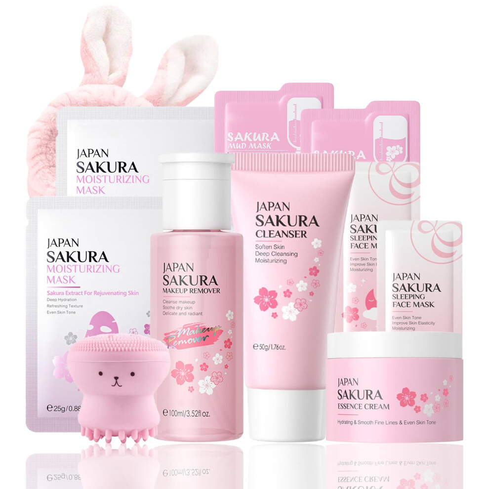 11PCS Sakura Travel Skincare Set with Cleanser Moisturizer and Masks Gift for Women and Teens