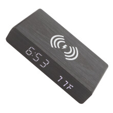 Black Wooden LED Clock with Wireless Charging, Temp, Alarm, Brightness