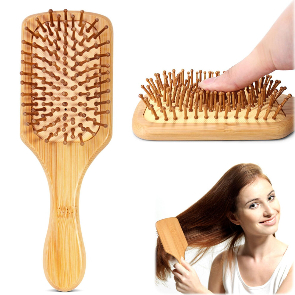 Bamboo Hair Brush with Wooden Paddle, Gentle Detangling and Scalp Massage, Small Square EcoFriendly Design
