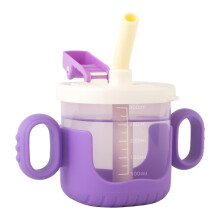 Baby Sippy Cup 300ml Purple, Spill Proof Training Cup with Straw and Handles, Soft Silicone Lid