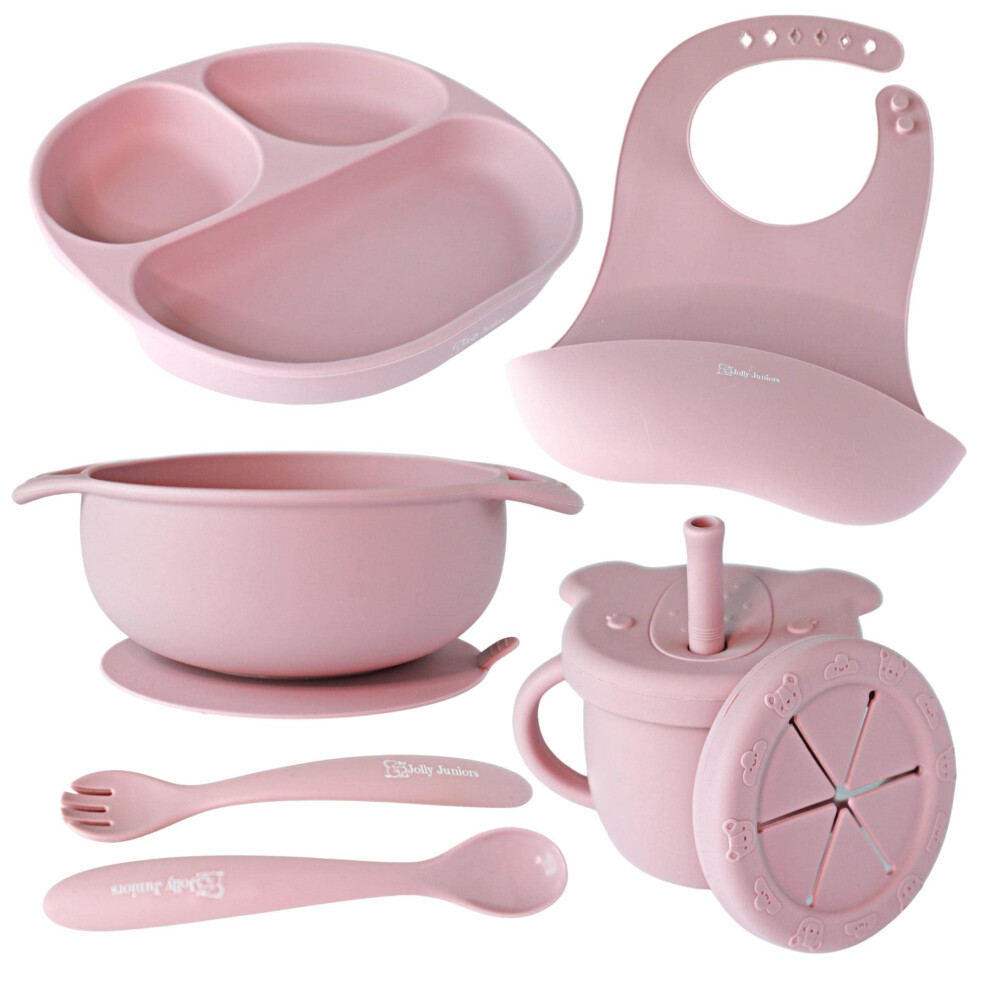 Baby Feeding Set with Suction Plate and Utensils, 7 Piece Silicone Toddler Tableware with Bib, Mauve