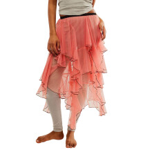 (M, Pink) Women Sheer Tulle Skirt Casual Summer Irregular Layered Ruffled Elastic Skirt for Beach Vacation Club Streetwear