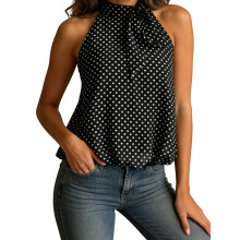 (S, Black) Women Summer Tank Tops Halter Neck Sleeveless Dot Print Flowy Vest for Daily Vacation Beach