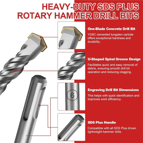 13Pcs SDS  Rotary Hammer Drill Bits and Chisel Set, Carbide Tipped Rotary Hammer Drill Bits Concrete Drill Bit 2