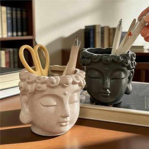 Buddha Statue Pen Holder - Home Storage Ornament for Office Desktop Grey 2