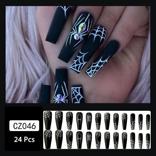 Halloween Coffin Press On Nails Matte Black with Spider Web Design 24pcs Reusable False Nail Set 2