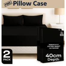 (2X Double, Black) 40cm Extra Deep Fitted Sheet Pack of 2 Bed Sheets with Free Pillowcases - Hotel Quality Microfiber Deep Pocket Sheets
