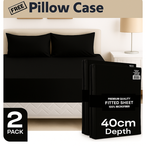 (2X Double, Black) 40cm Extra Deep Fitted Sheet Pack of 2 Bed Sheets with Free Pillowcases - Hotel Quality Microfiber Deep Pocket Sheets
