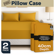 (2X Double, Ochre) 40cm Extra Deep Fitted Sheet Pack of 2 Bed Sheets with Free Pillowcases - Hotel Quality Microfiber Deep Pocket Sheets