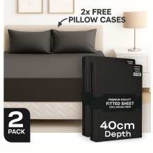 (2X Double, Charcoal) 40cm Extra Deep Fitted Sheet Pack of 2 Bed Sheets with Free Pillowcases - Hotel Quality Microfiber Deep Pocket Sheets