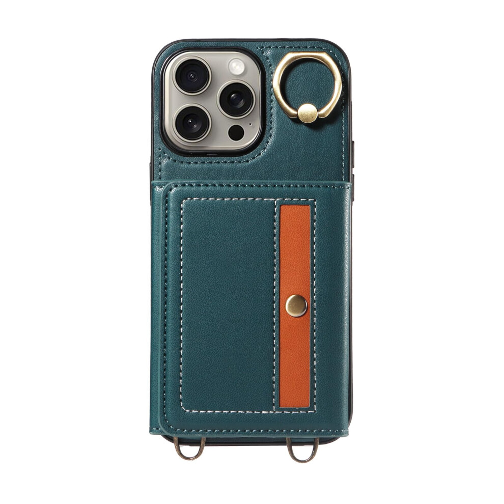 Leather Wallet Case With Ring Stand And Crossbody Lanyard Strap, Matte Slim Protective Cover For Iphone 16 Pro Green 9330225916031