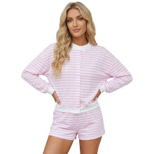 (M, Pink) Women's Striped Two-Piece Set Long Sleeve Crewneck Button-Down Cardigan Tops and Elastic Waist Shorts Loungewear Outfit
