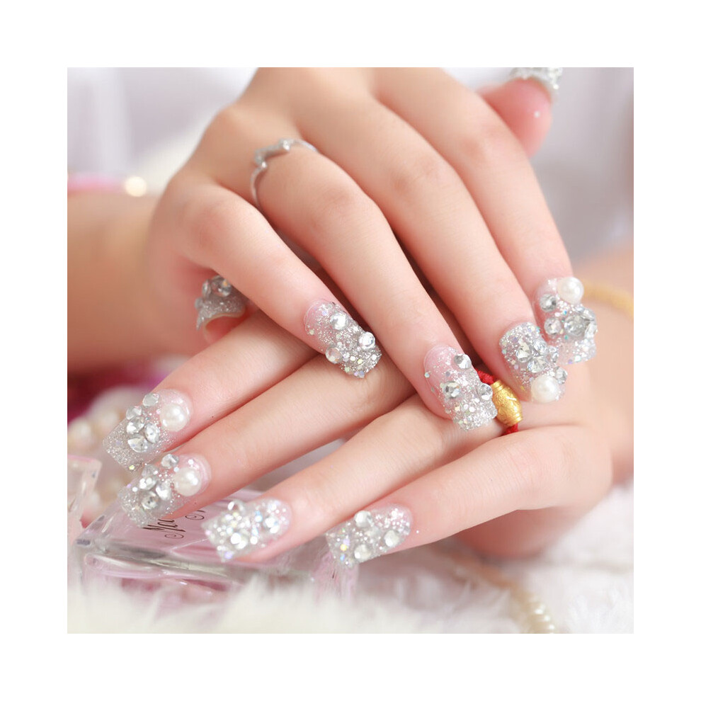 Hue-Grain Bride Glitter Rhinestone Fake Nails With Glue