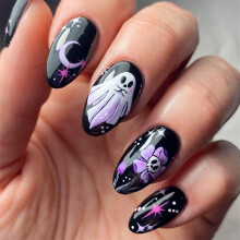 Halloween Press On Nails Medium Almond Fake Nails with Cute Ghost Design Reusable Black Set 24Pcs