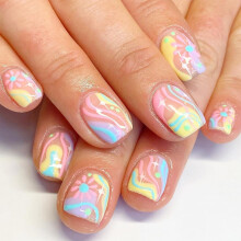 Colorful Watercolor Flower Short Square Press On Nails, Reusable Acrylic Fake Nails, 24pcs