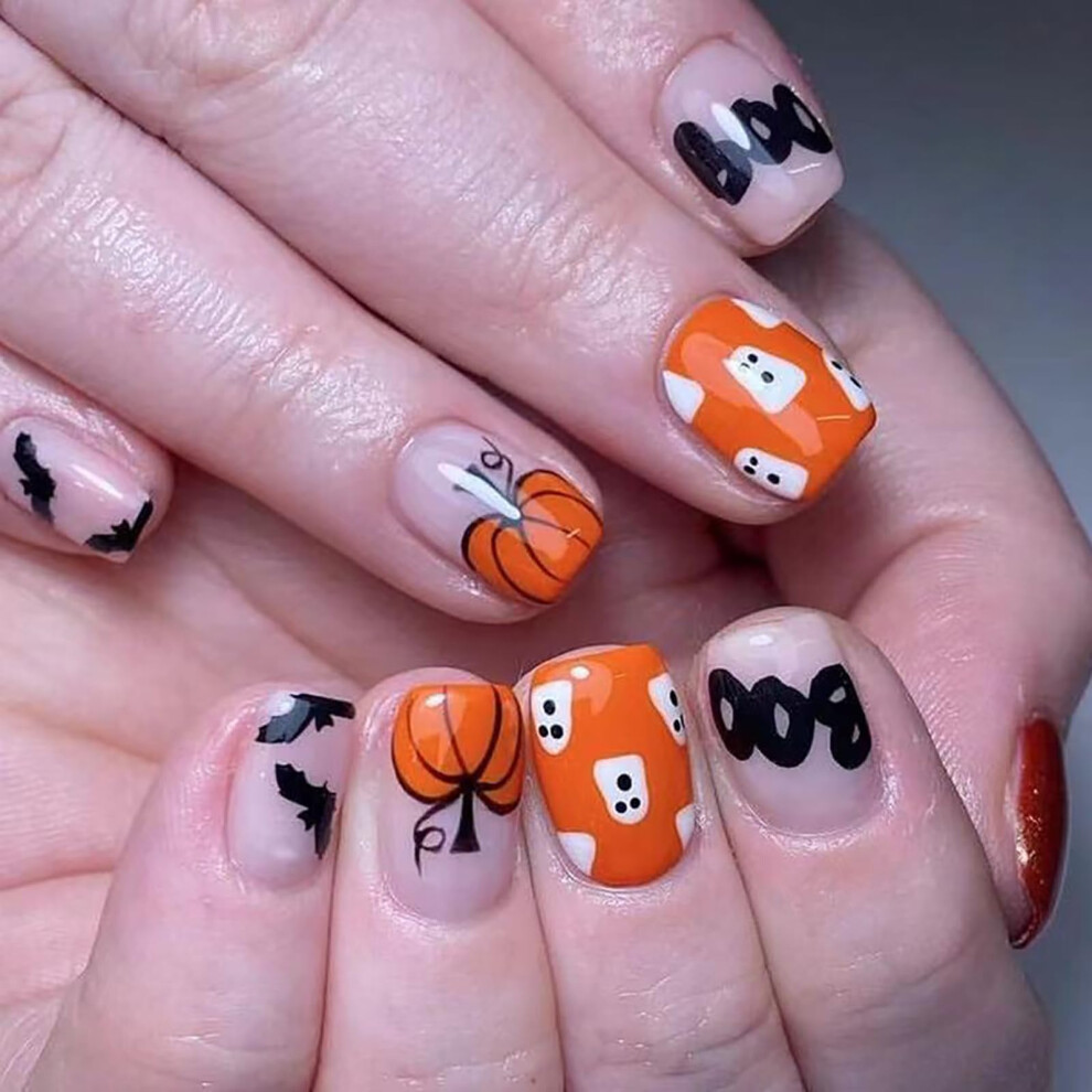 Halloween Press On Nails Short Square Fake Acrylic Set Nude Orange Pumpkin Bat Glossy Full Cover 24pcs