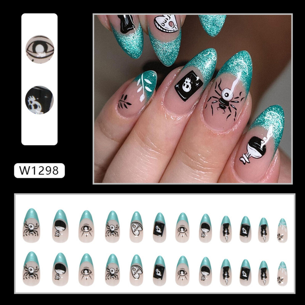 Phui-Pet-Supplies (Jelly Glue Model) Glitter Almond Fake Nails - Halloween Green Reusable