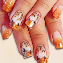 Short Square Leaf and Pumpkin Press on Nails Autumn Acrylic Fake Nails, Gold Thanksgiving Set 24pcs