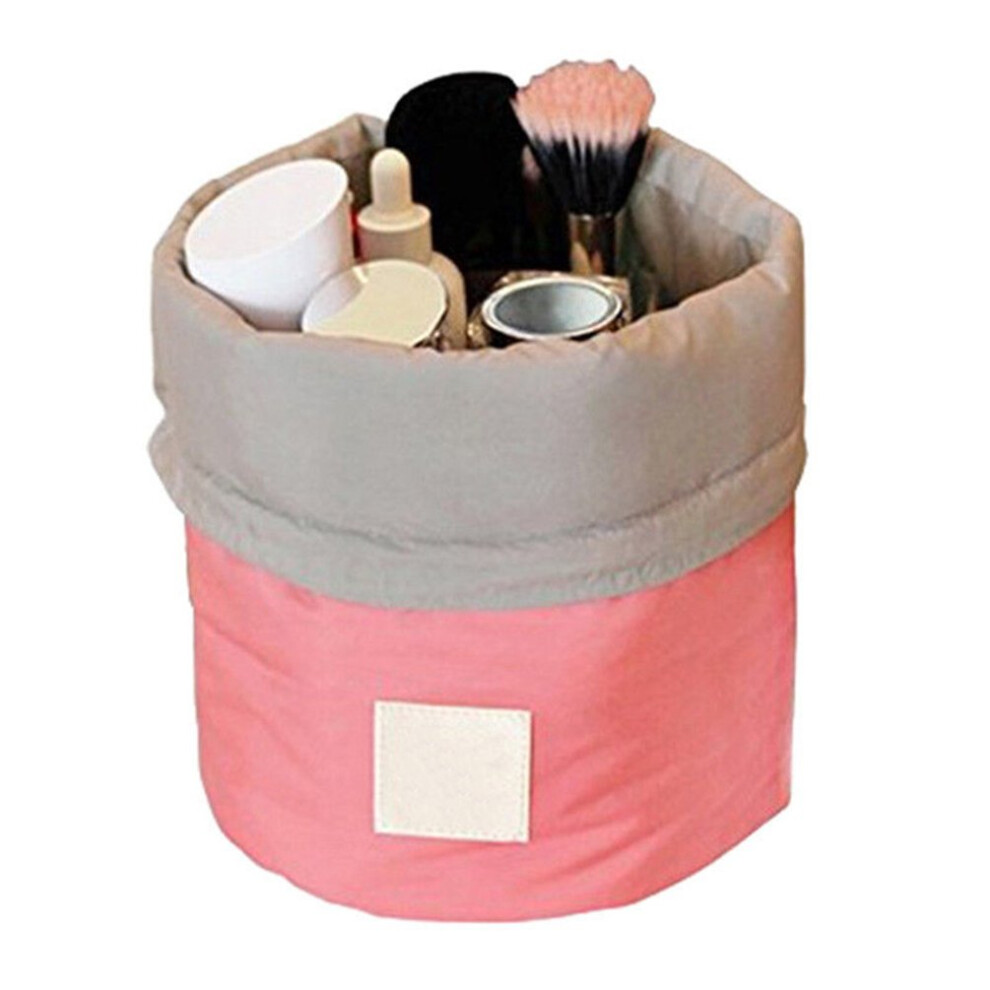 Red Waterproof Barrel Shaped Makeup Bag With Quick Drawstring Access, Travel Toiletry And Cosmetic Organizer